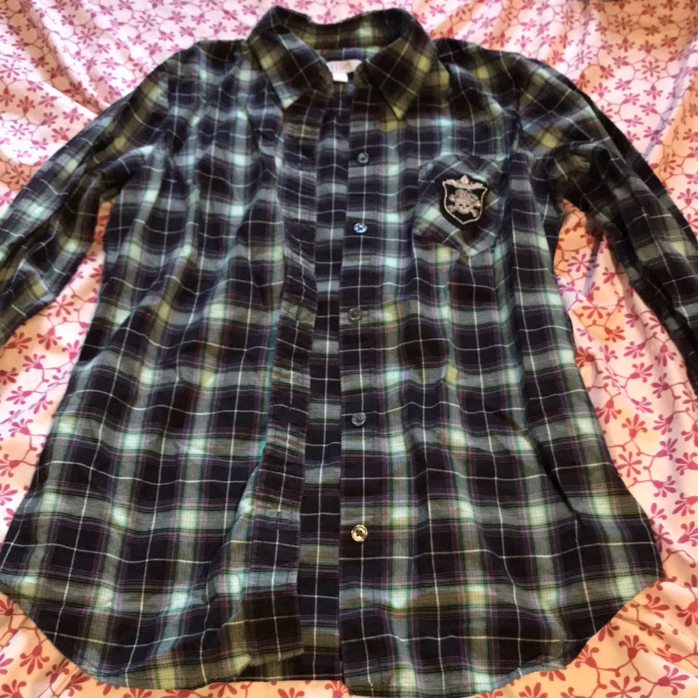 Plaid long sleeve blouse with skull patch